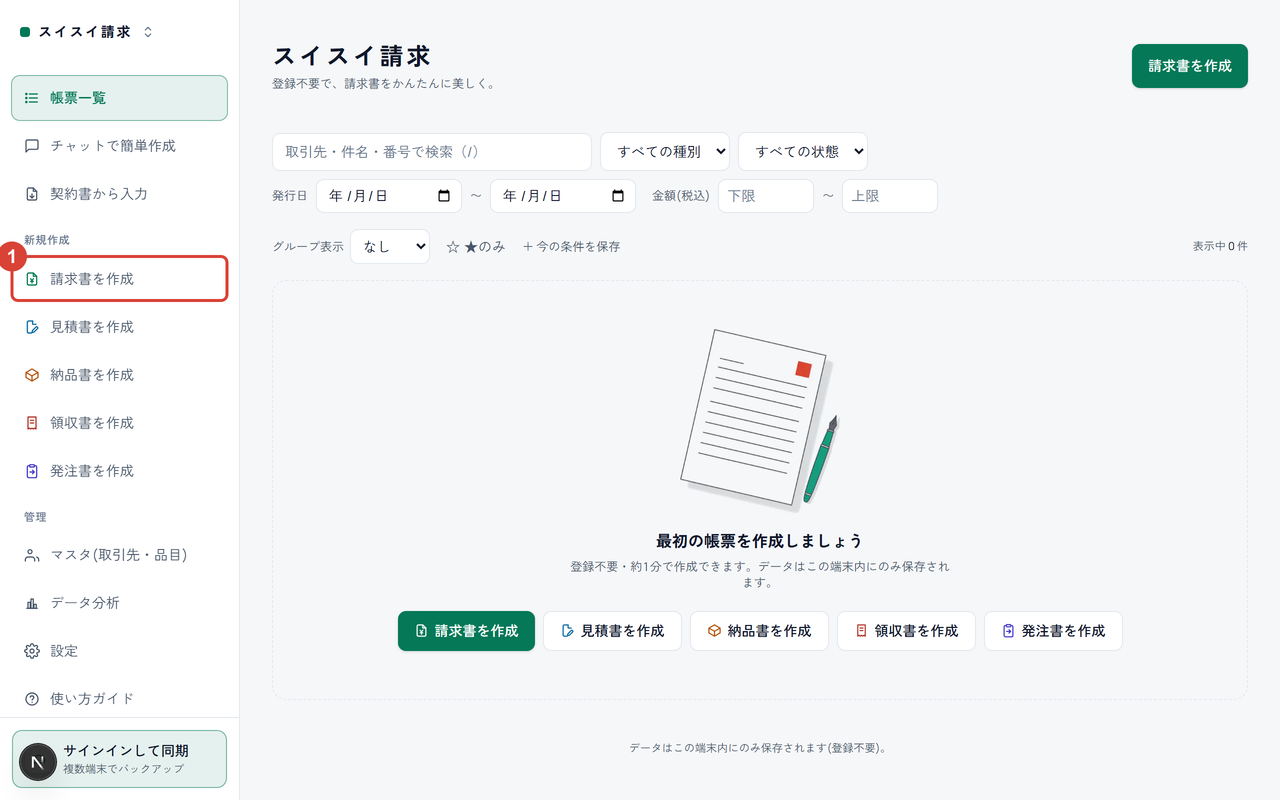帳票一覧の画面。左メニューの「請求書を作成」に①の印