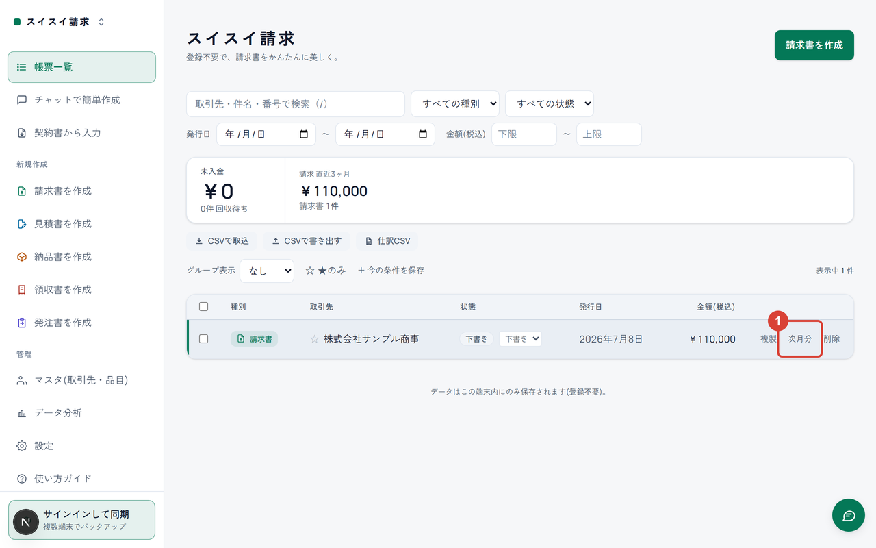 帳票一覧の行にマウスを重ねた状態。行の操作ボタン「次月分」に①の印